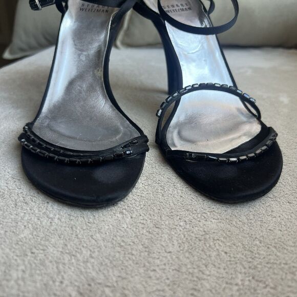 Stuart Weitzman Black Satin Embellished High Heel Strappy Sandals Women 8 Chic - Picture 7 of 16